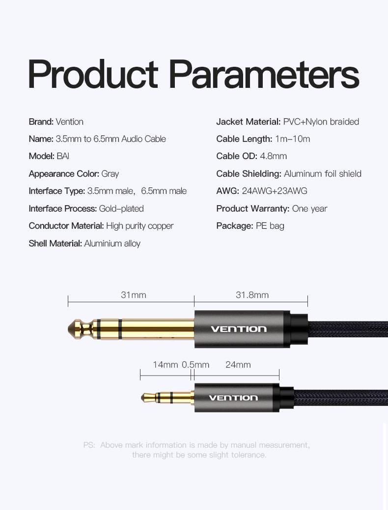 Кабель Vention 6.5 мм Jack-3.5 мм minijack HiFi стерео AUX на 6.35 мм в оплітці TRS 10 м Чорний (BAIHL) - фото 7