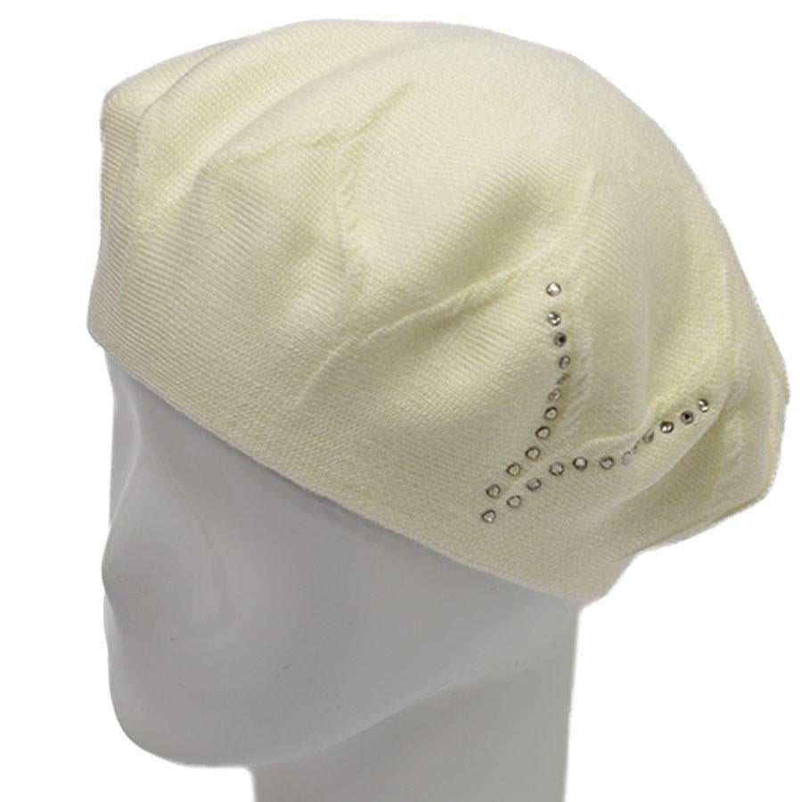 Берет Lirus Ирис двойной из шерсти тонкой вязки сбоку с камнями р. 56-58 Молочный