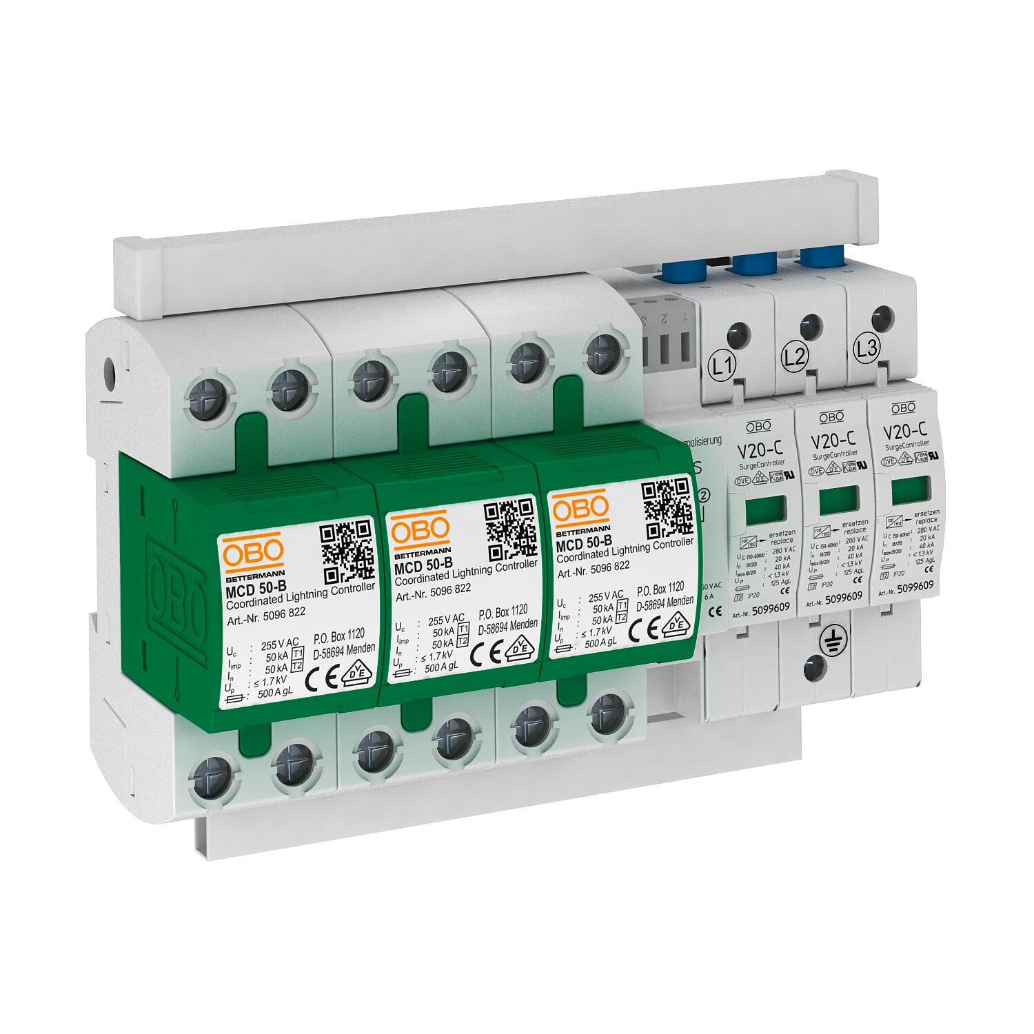 Ограничитель перенапряжения комплекс OBO bettermann PS3-B+C TNC+FS 3P 100кА 255 В класc 1+2 B+С с FS контактом (5089756)