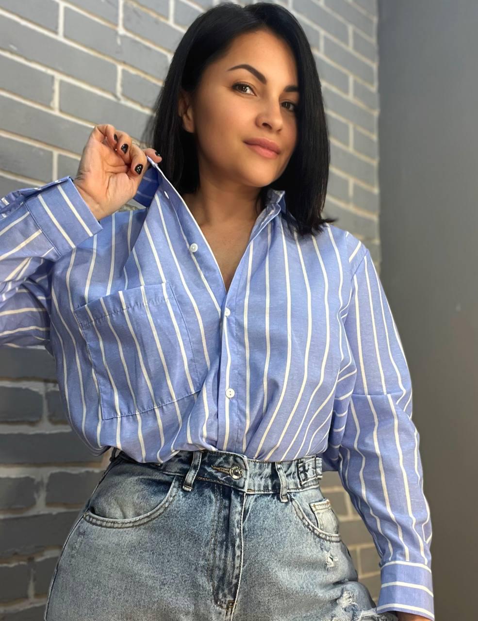 Сорочка жіноча MIX RAY 4367 оверсайз подовжена широка смуга S Блакитний (1638) - фото 8 Сорочка жіноча MIX RAY 4367 оверсайз подовжена широка смуга S Блакитний (1638) - фото 8