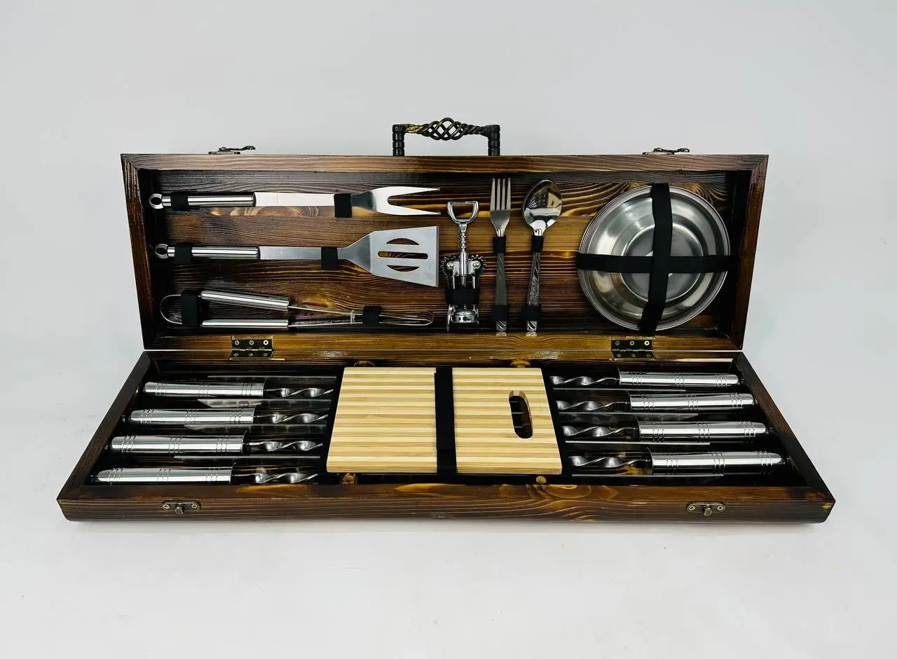 Набір шампурів в кейсі BBQ LUX дерев'яний люксовий ящик з нержавіючої сталі (2-10-KS-7807) - фото 2 Набір шампурів в кейсі BBQ LUX дерев'яний люксовий ящик з нержавіючої сталі (2-10-KS-7807) - фото 2