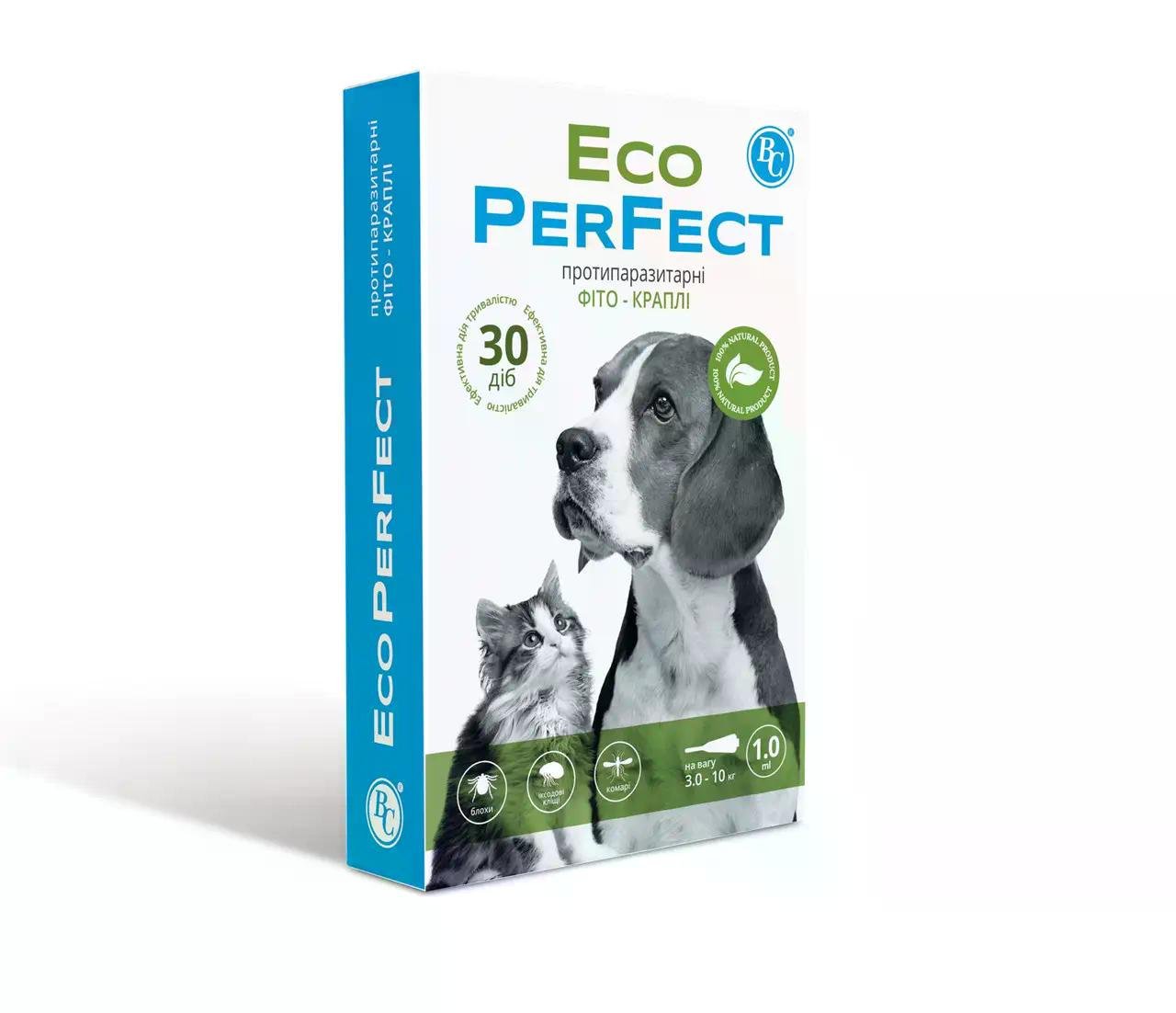 Фито-капли противопаразитарные Eco PerFect от блох клещей и комаров для кошек и собак на вес 3-10 кг 4 шт.