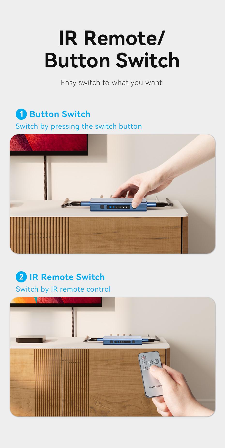 Комутатор HDMI Vention 5x1 з виведенням звуку Toslink 3,5 мм 4K 60Hz HDR HDMI 2.0 алюмінієвий з пультом ДК Синій (AKDL0) - фото 7 Комутатор HDMI Vention 5x1 з виведенням звуку Toslink 3,5 мм 4K 60Hz HDR HDMI 2.0 алюмінієвий з пультом ДК Синій (AKDL0) - фото 7