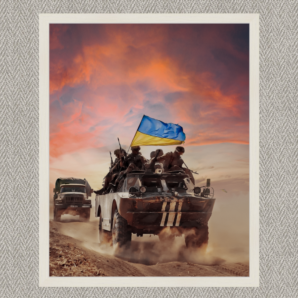Картина-постер на стіну інтер'єрна ORIGAMI Воїни ЗСУ на БМП OP5042 маленька з білою багетною рамкою 30х20 см
