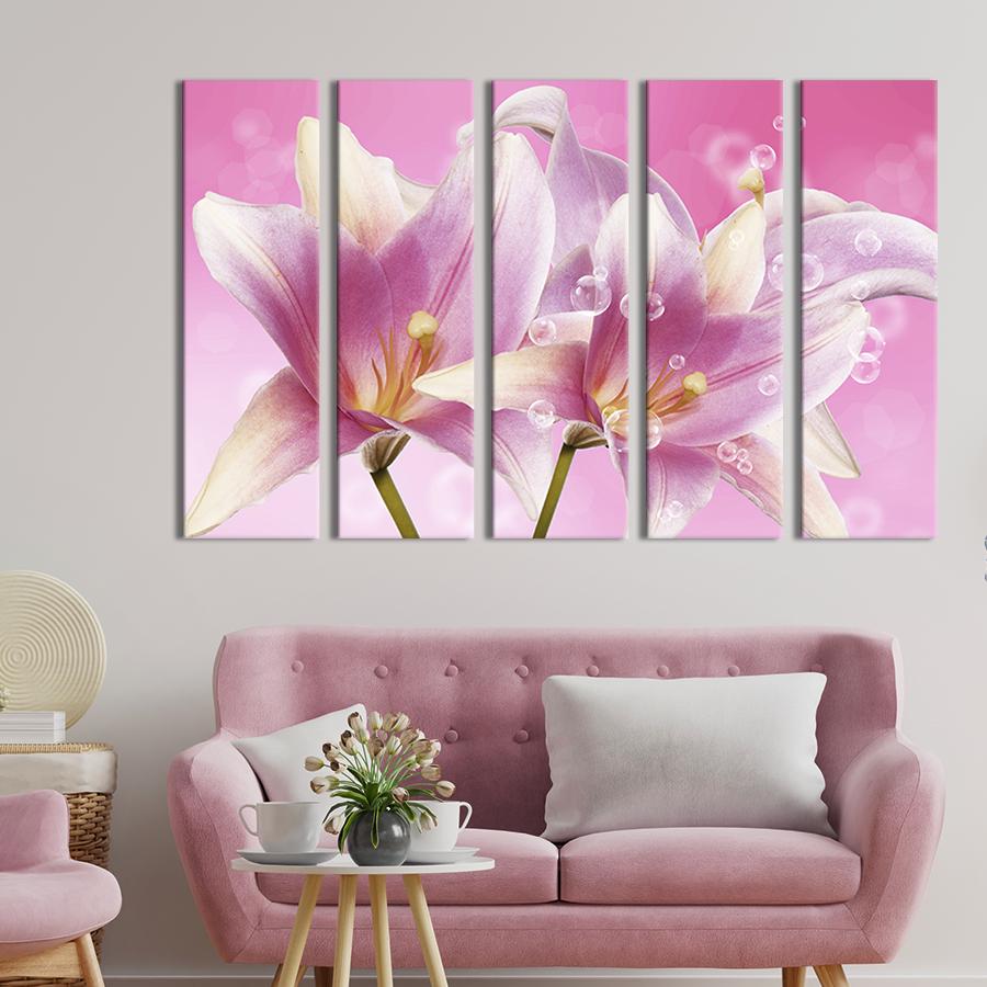 Модульная картина из 5 частей на холсте интерьерная картина Розовые лилии 87x50 см (234-51) Модульная картина из 5 частей на холсте интерьерная картина Розовые лилии 87x50 см (234-51)