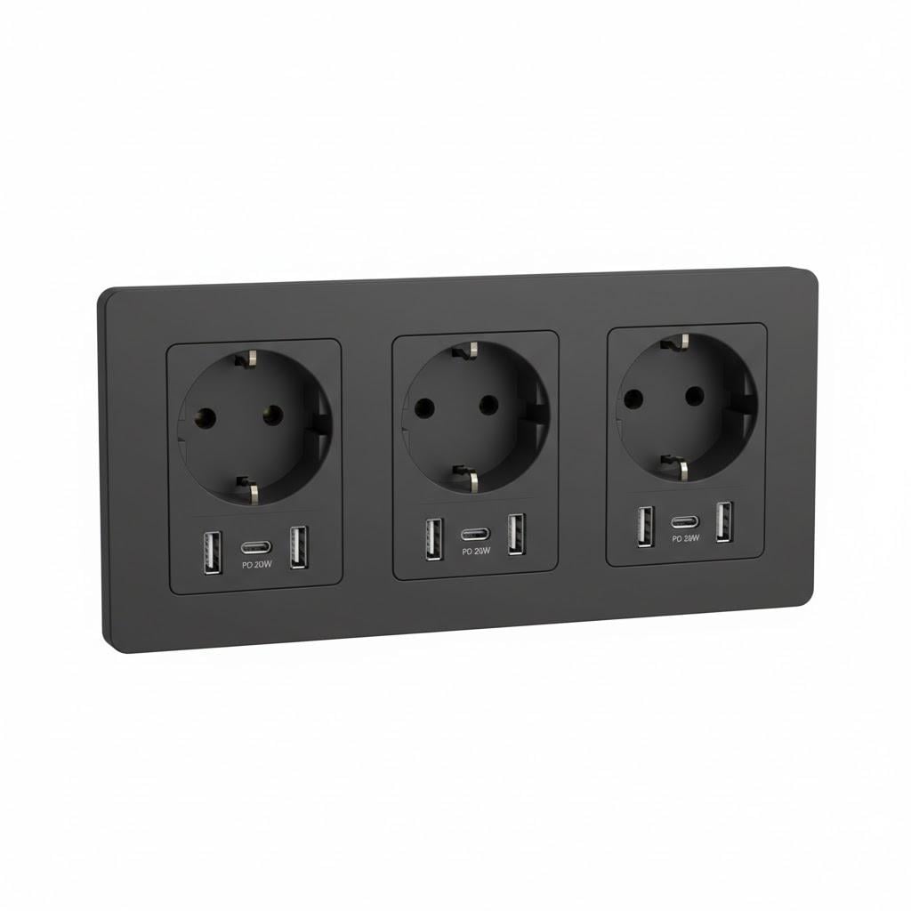 Розетка настінна потрійна BSEED з USB та Type-C PD 20W Чорно-графітовий (31767498)