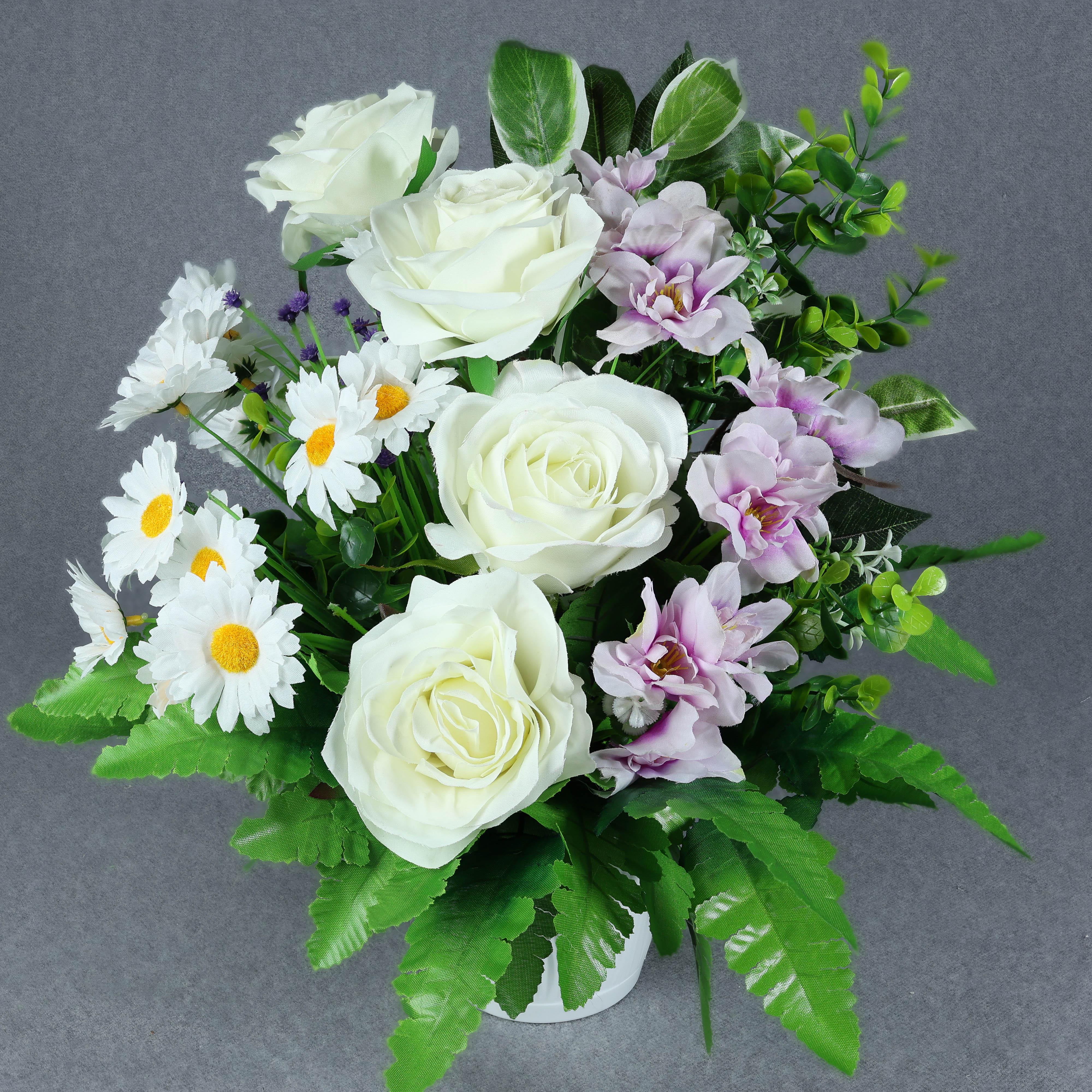 Композиция ритуальная GALA DECOR с искусственными розами и ромашками в пластмассовом кашпо 30х35 см (КБ3035Р)