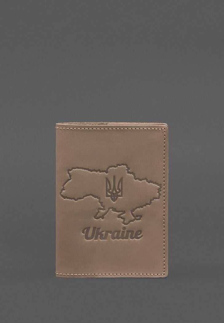 Обложка кожаная для паспорта с картой Украины Crazy Horse Светло-бежевый (A-028698)