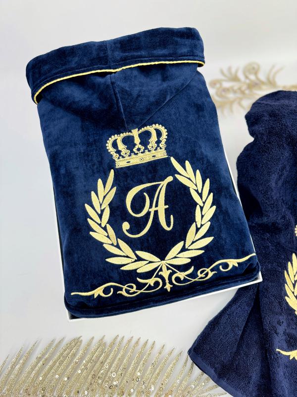 Банный набор мужской Family Tradition Королевский вензель велюровая махра с вышивкой Темно-синий (50302) - фото 3