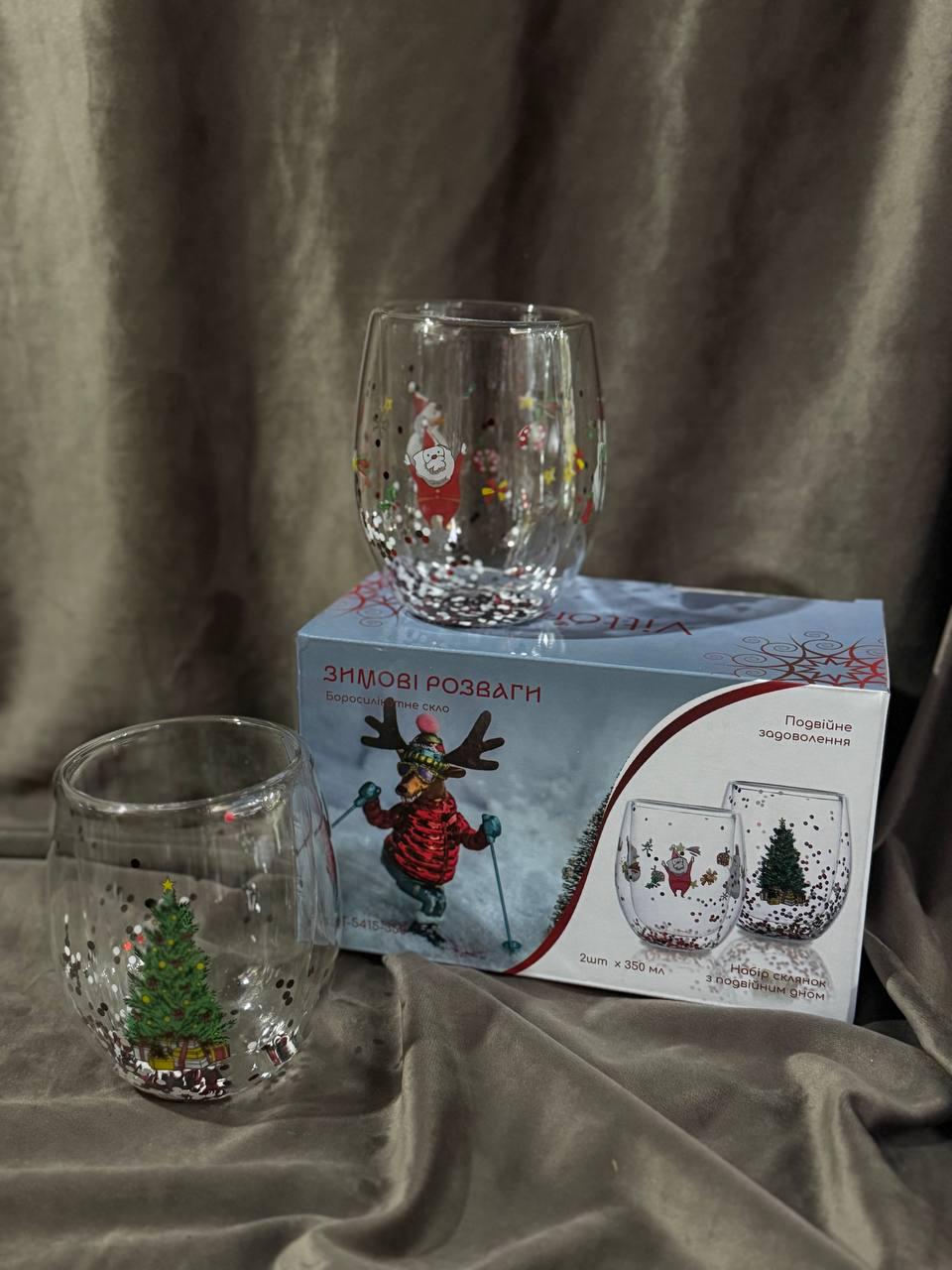 Набір склянок новорічних Vittora Зимові розваги з подвійним дном 2 шт. 350 мл Прозорий (VT-5415-350) - фото 3
