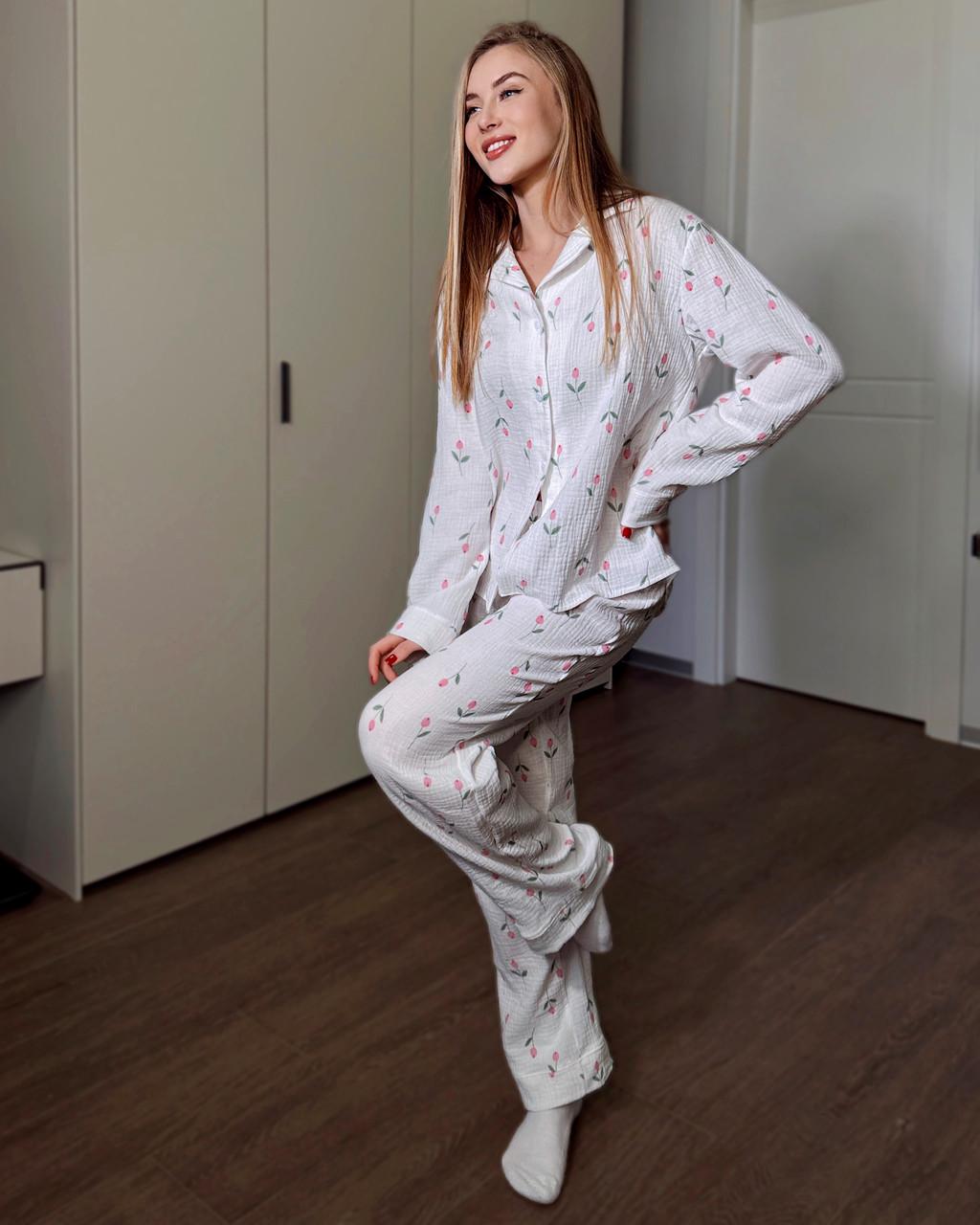 Костюм домашний пижама женская из муслина рубашка со штанами Розовый тюльпан (2490277393) - фото 7 Костюм домашний пижама женская из муслина рубашка со штанами Розовый тюльпан (2490277393) - фото 7
