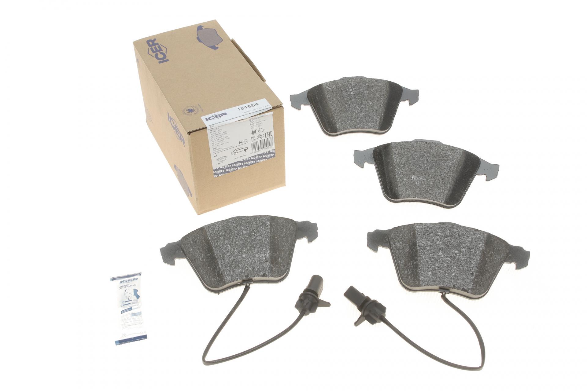 Гальмівні колодки передні ICER для Audi A4 03-09/A6/A8 03-11/Seat Exeo 08-13 з датчиками (181654)
