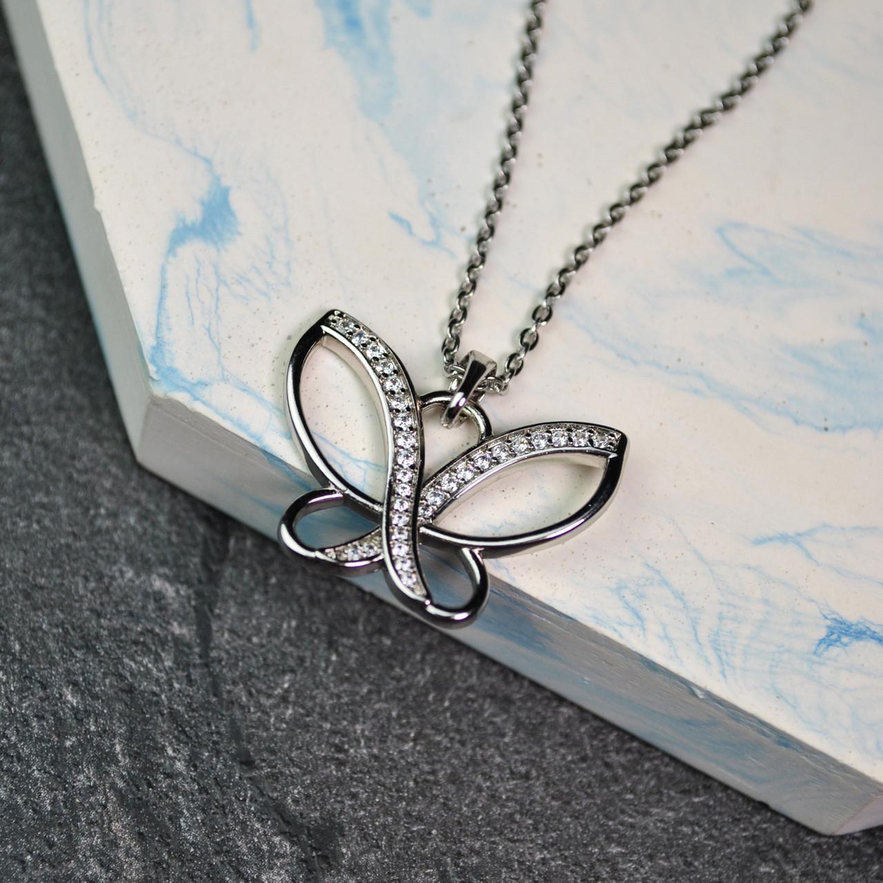 Кулон большая бабочка на цепочке медицинская сталь родий (x230-1)