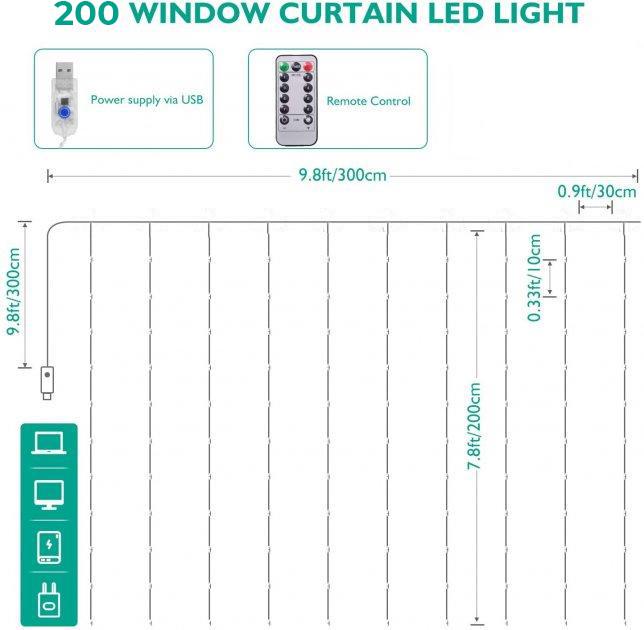 Гірлянда штора USB 200Led з пультом 3х2 м (1717516501) - фото 4