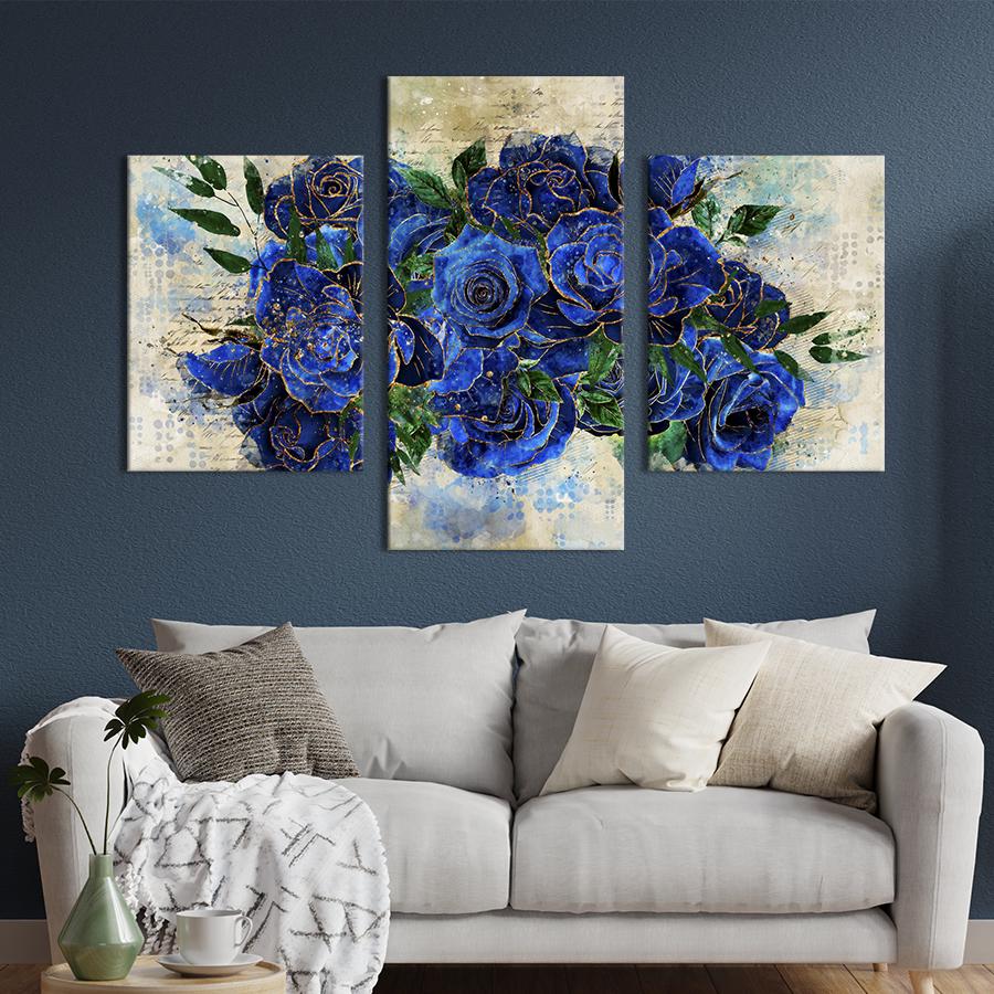 Картина на холсте триптих Живописный букет синих роз 141x90 см (989-32)