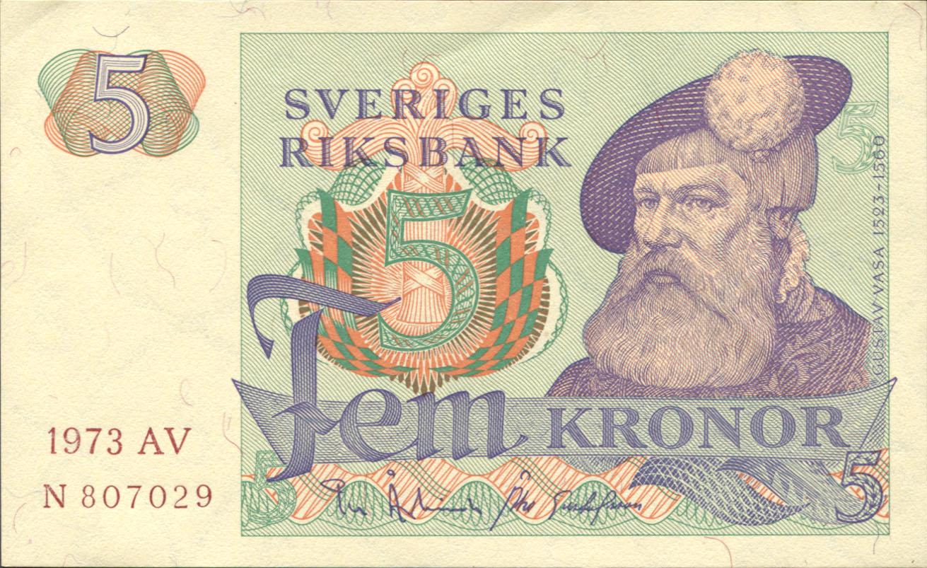 Коллекционная банкнота Швеция 1973 5 крон P51c аUNC Коллекционная банкнота Швеция 1973 5 крон P51c аUNC