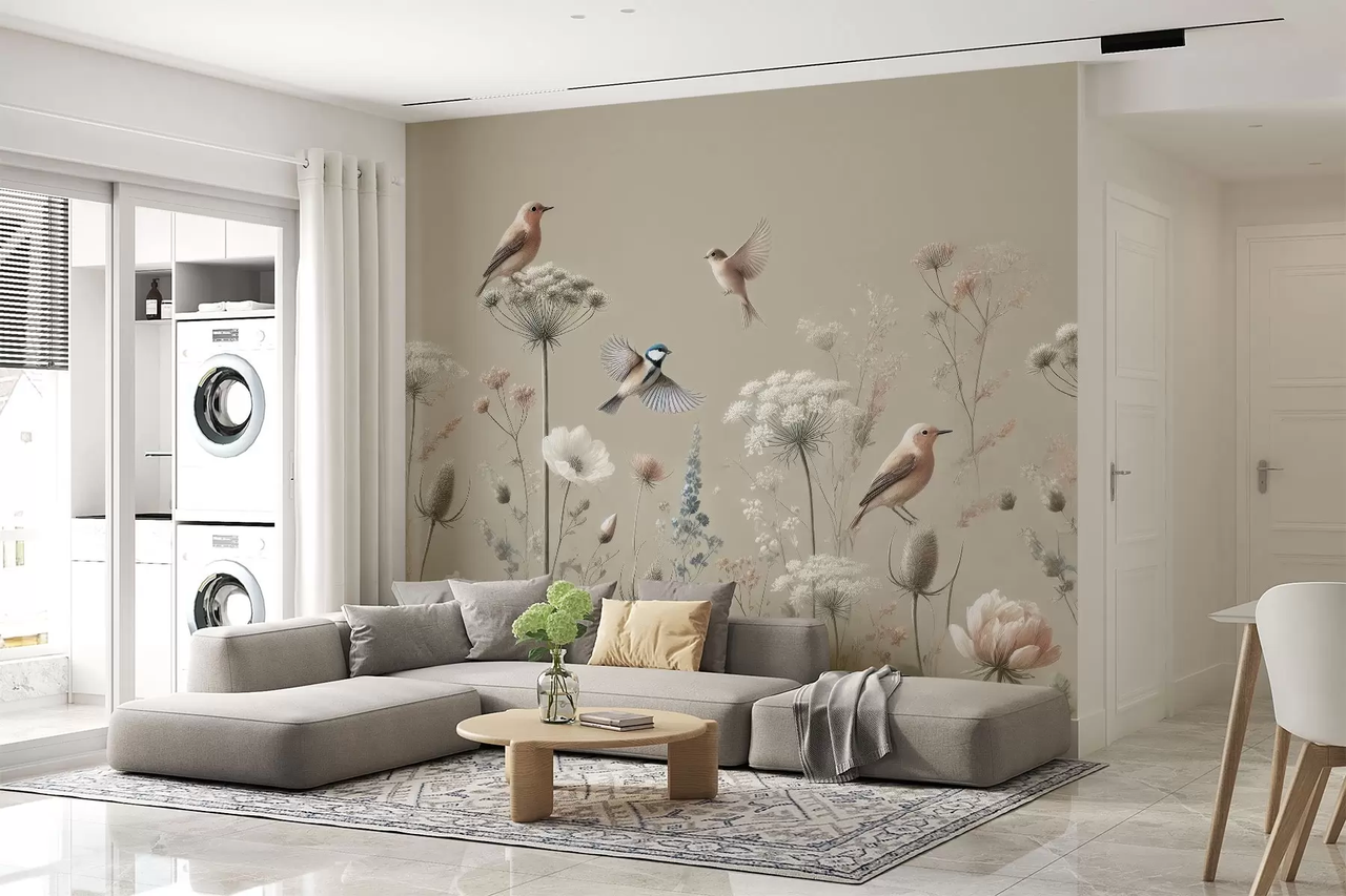 Фотообои флизелиновые Styleo Птицы среди полевых цветов w01958 300х250 см Бежевый