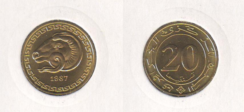 Коллекционная монета Алжир 20 сантимов 1987 UNC (KM#118)