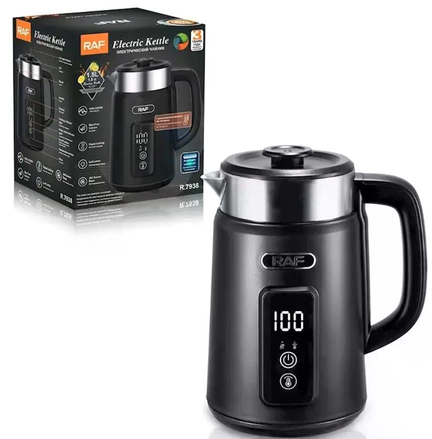 Електрочайник RAF R.7938 нержавіюча сталь індикатор рівня води 1,5 л 2000 Вт Чорний (f62d37bc) Електрочайник RAF R.7938 нержавіюча сталь індикатор рівня води 1,5 л 2000 Вт Чорний (f62d37bc)