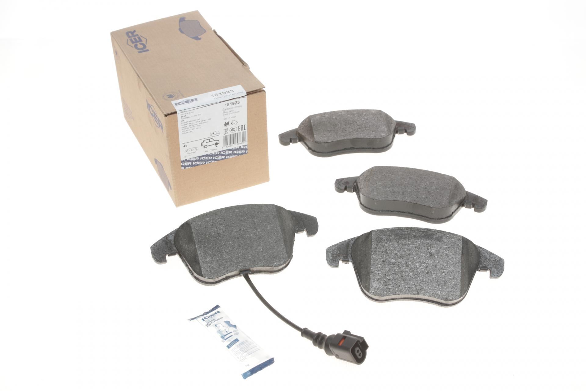 Тормозные колодки передние ICER для Audi Q3 11-18/VW Passat B8 14-/Tiguan 07-/Sharan 10- с датчиком (181923)
