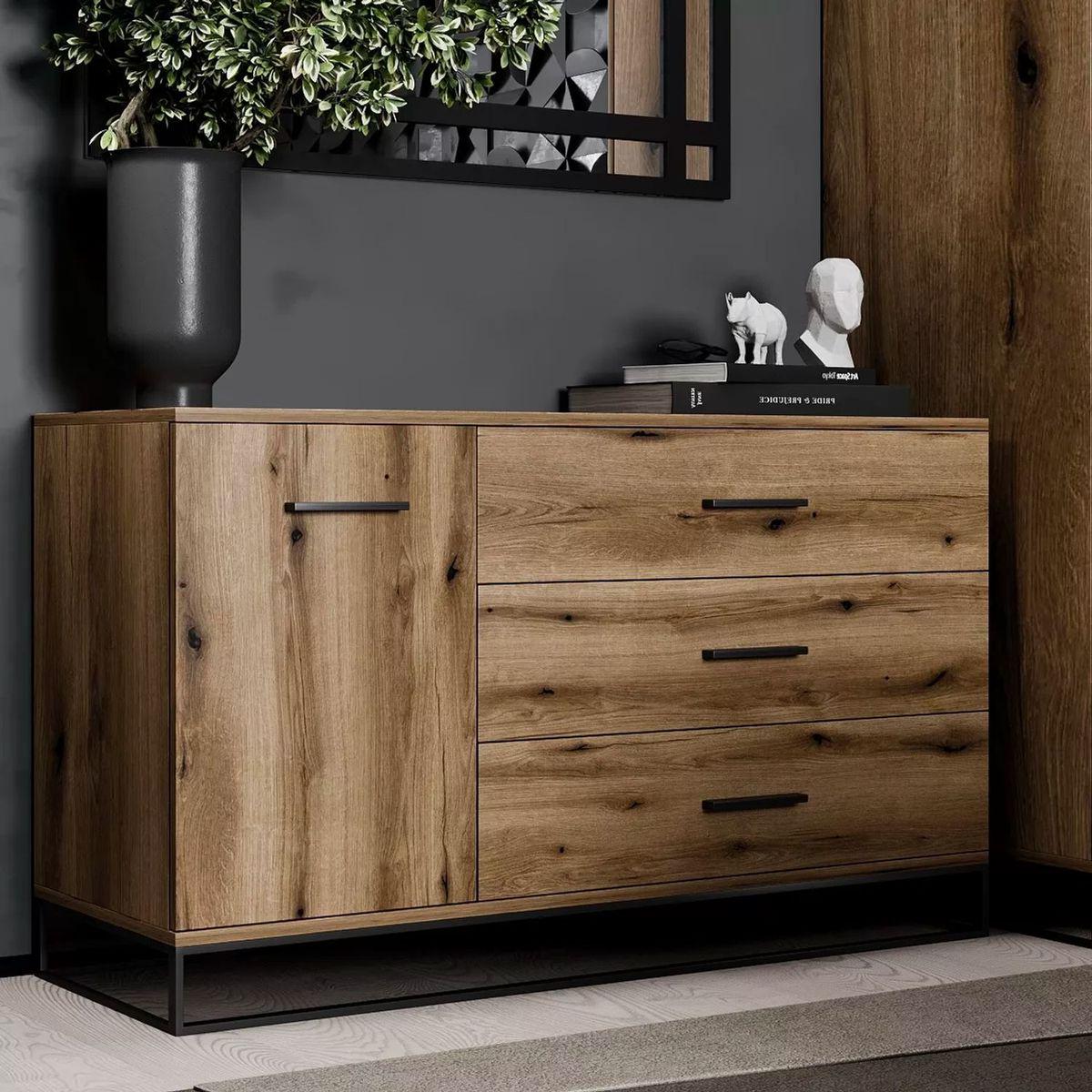 Комод у стилі лофт AiH Ascet 3 шухляди з дверцятами ламіноване ДСП/металеві ніжки 120х70х42,5 см Дуб Евок (AS04100000030)