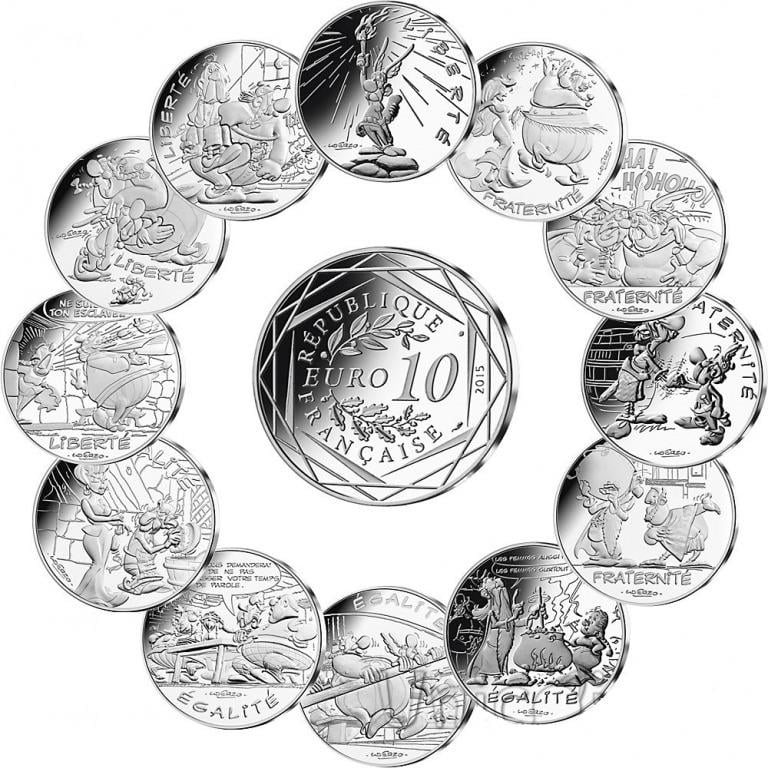 Коллекционный набор из 12 монет по 10 евро Франция 2015 Астерикс и Обеликс Серебро UNC (М03036)