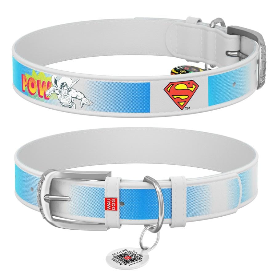 Ошейник для собак кожаный Waudog Design Супермен2 с QR паспортом XS 12 мм 20-28 см