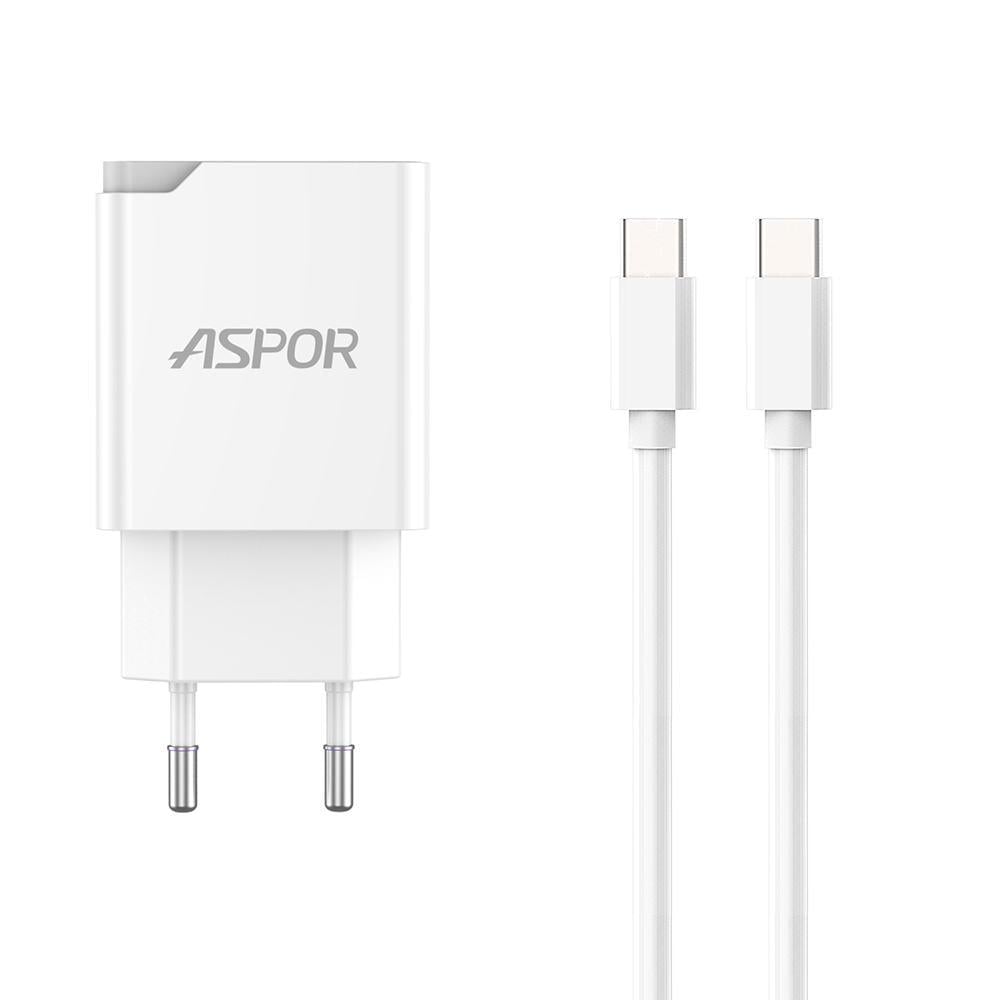 Мережевий зарядний пристрій Aspor A826 PD 20W/USB/Type-C та кабель Type-C-Type-C Білий (925080)
