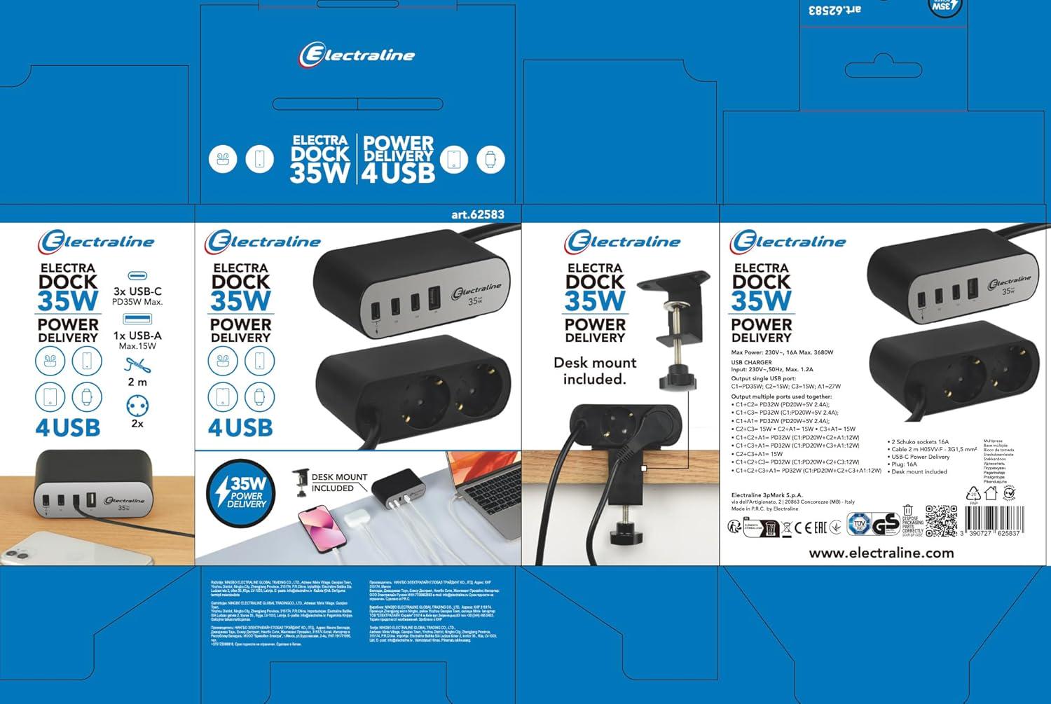 Зарядний блок із фіксатором Electraline Schuko 2 розетки 3хUSB-C PD 35 Вт /1хUSB-A 2 м Алюміній/Чорний - фото 8