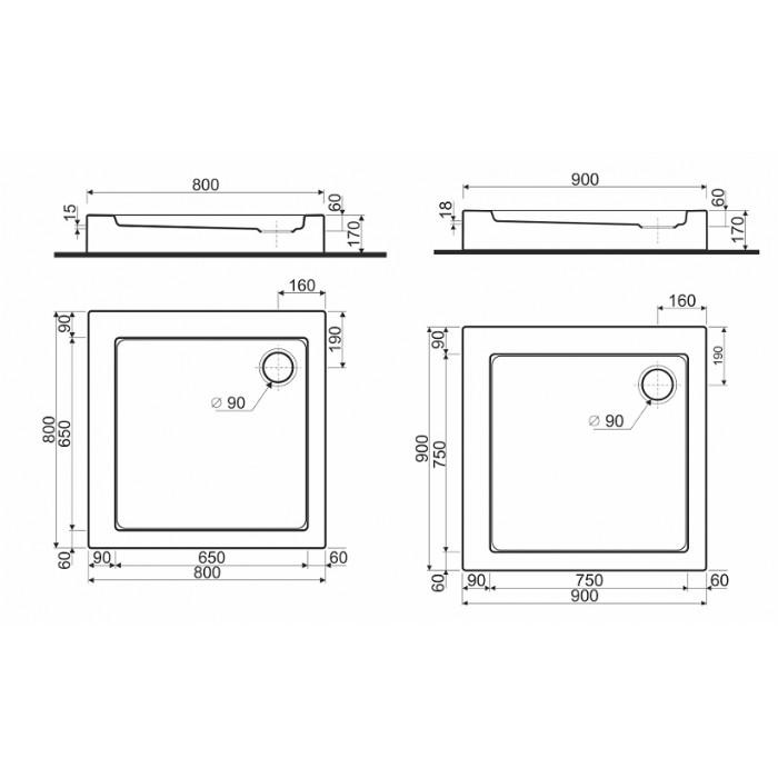 Поддон для душа Kolo Simplo XBK0691000 квадратный акриловый 90x90x17 см (85783) - фото 2