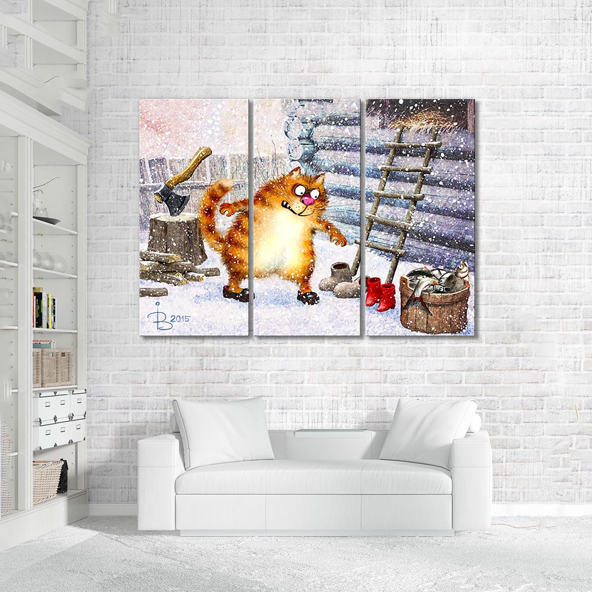 Модульная картина Улов найден и не только. А муж не пошёл за пивóм. 3 модуля 50x75 см