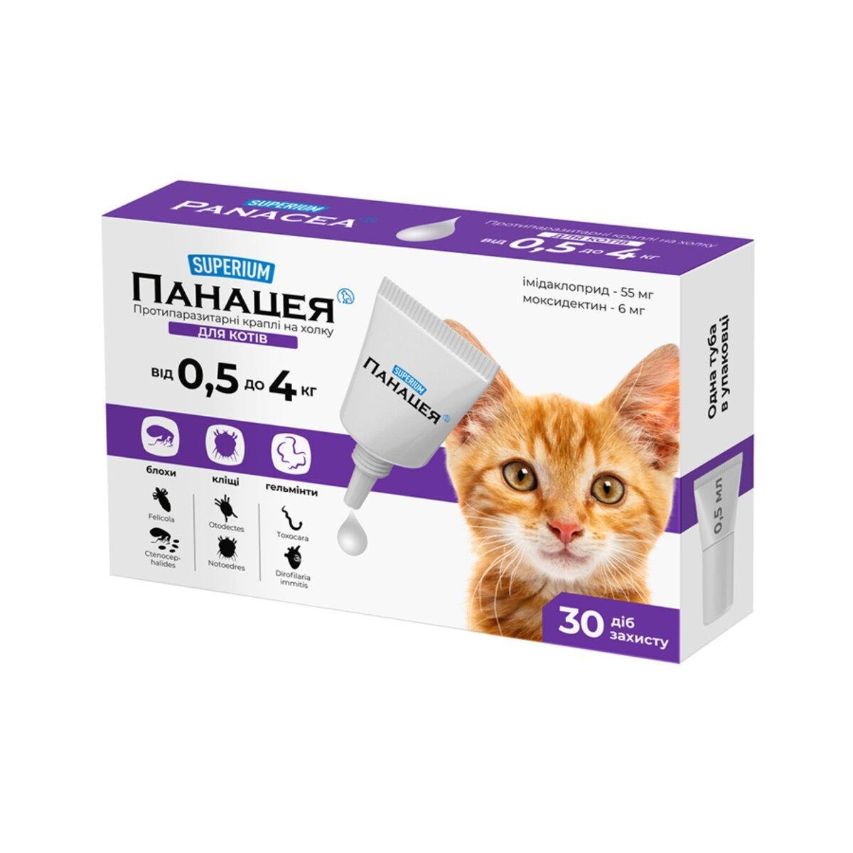 Капли противопаразитарные Панацея на холку для котов 0,5-4 кг (9134 Col)