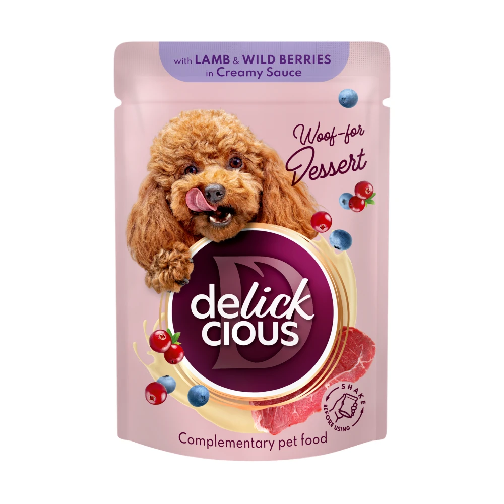 Корм для собак вологий DELICKCIOUS Пластівці з ягнятиною та лісовими ягодами у вершковому соусі 0,08 кг (2441174920) - фото 1 Корм для собак вологий DELICKCIOUS Пластівці з ягнятиною та лісовими ягодами у вершковому соусі 0,08 кг (2441174920) - фото 1