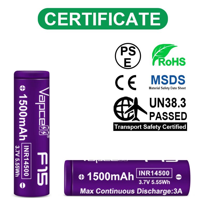 Акумулятор VapCell 14500/AA Li-Ion INR14500 F15 1500 mAh 3A 4,2/3,6/2,5V Purple (25993919) - фото 6 Акумулятор VapCell 14500/AA Li-Ion INR14500 F15 1500 mAh 3A 4,2/3,6/2,5V Purple (25993919) - фото 6