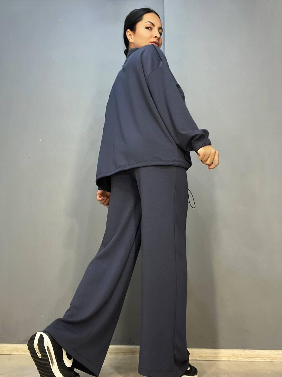 Костюм женский CREP 99231 ткань бифлекс кардиган и брюки палаццо S Графитовый (1463) - фото 3 Костюм женский CREP 99231 ткань бифлекс кардиган и брюки палаццо S Графитовый (1463) - фото 3