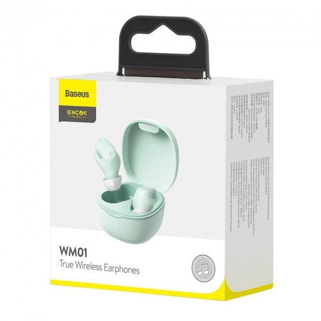 Наушники BLUETOOTH BASEUS Encok True Wireless Earphones WM01 |5Hours, BT5.0, 40mAh/300mAh| (NGWM01-0Y) green - фото 2