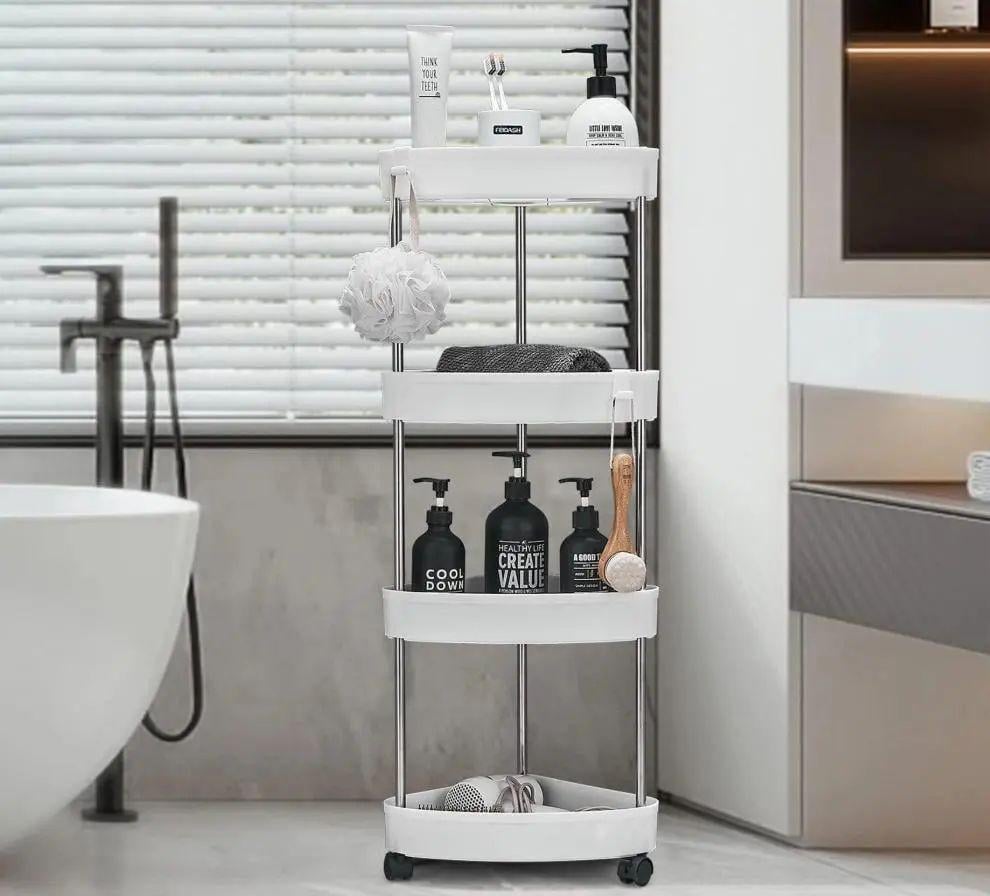 Стеллаж угловой для ванной комнаты 4 яруса на колесиках Corner storage rack 85х28х22 см металлический Белый (opt-103522)