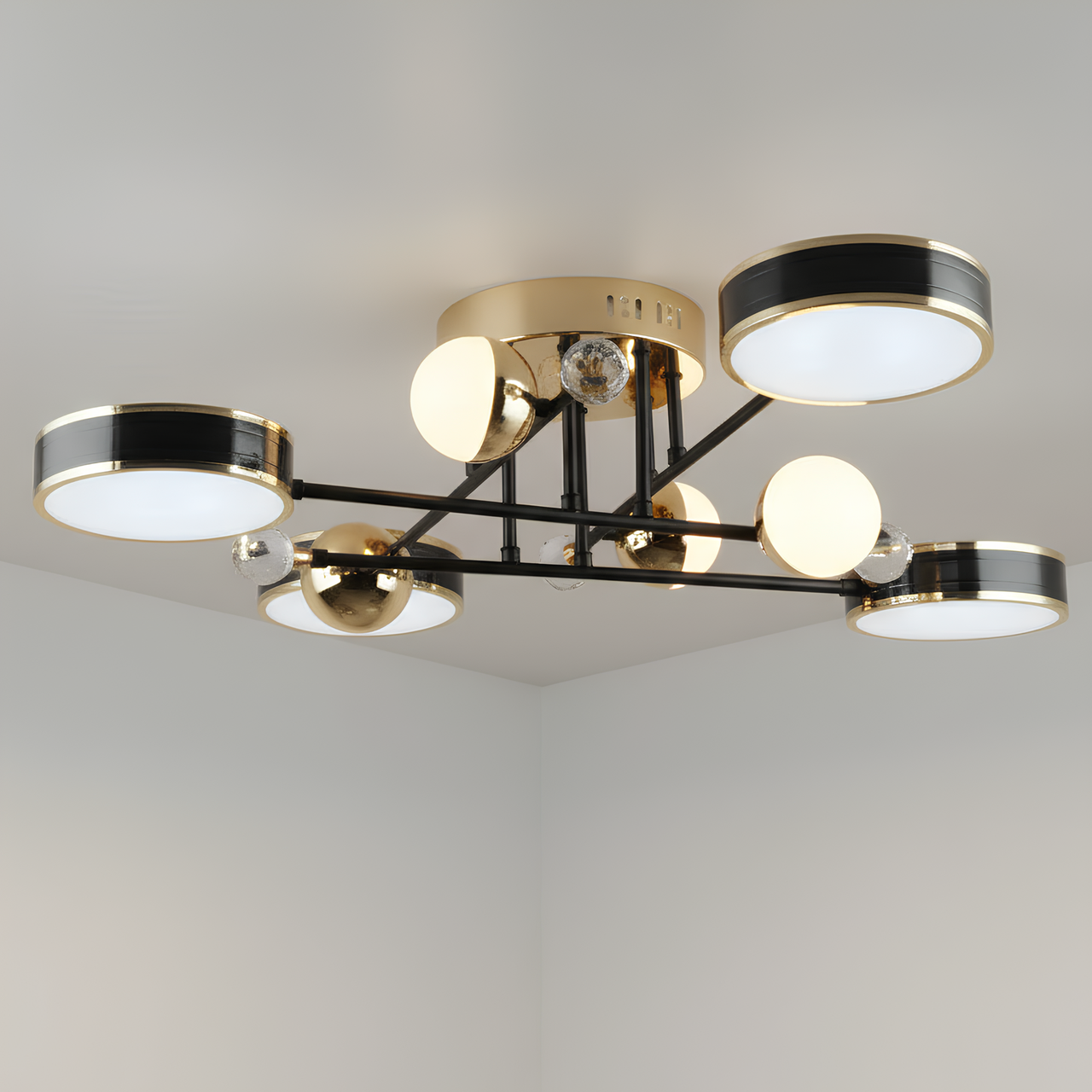 Люстра светодиодная Sirius 117W с круглыми рассеивателями 3000-6500К Черный/Золотой (B YH1101/4+4 BK+FGD)