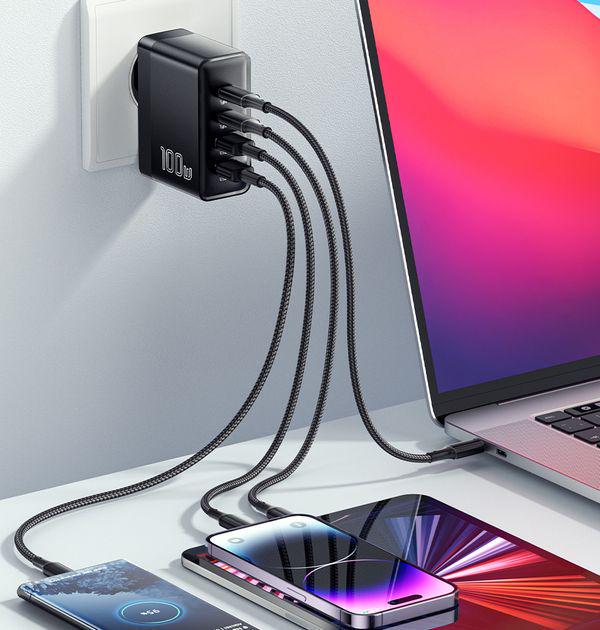 Зарядное устройство Essager Grace 100W GaN 4 Ports Travel Charger 2 Type-C/2 Type-A Black (ESS201) - фото 5