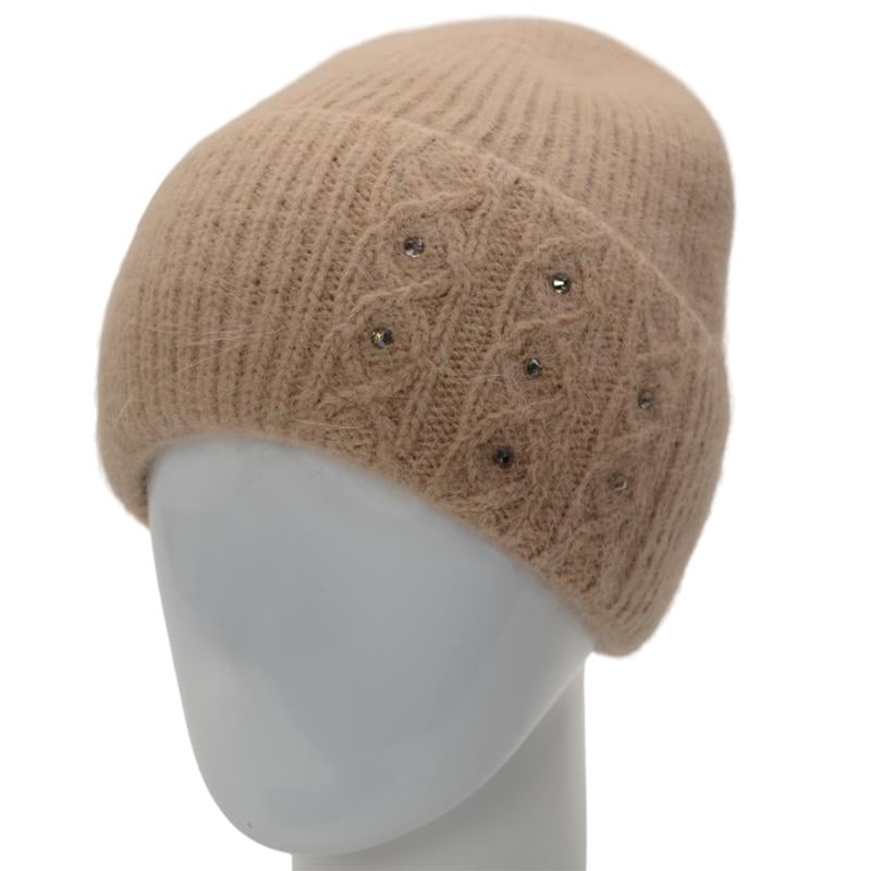 Шапка женская ангоровая с отворотом утепленная флисом Novita Крокус с узором украшена стразами Светло-бежевый