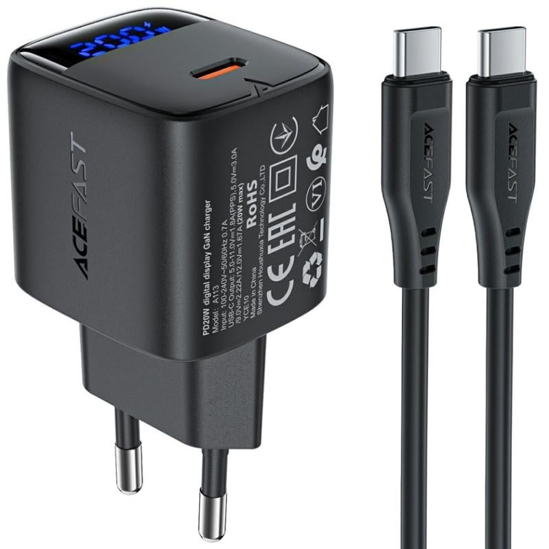 Зарядное устройство для Acefast A113 1xType-C 20W Gan Fast Charger + USB-C cable with digital display Black (6974316284420)