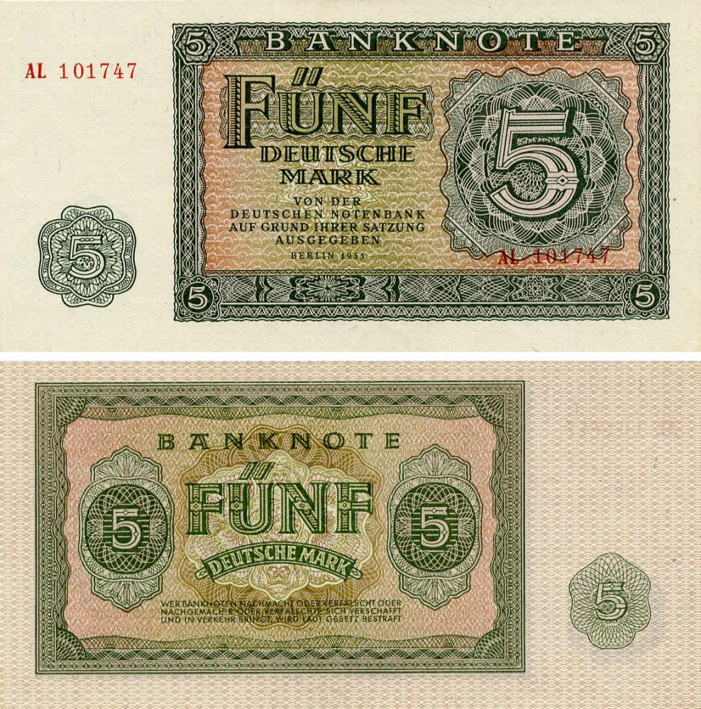 Коллекционная банкнота Германия 5 марок 1955 AU-UNC ГДР (P17)