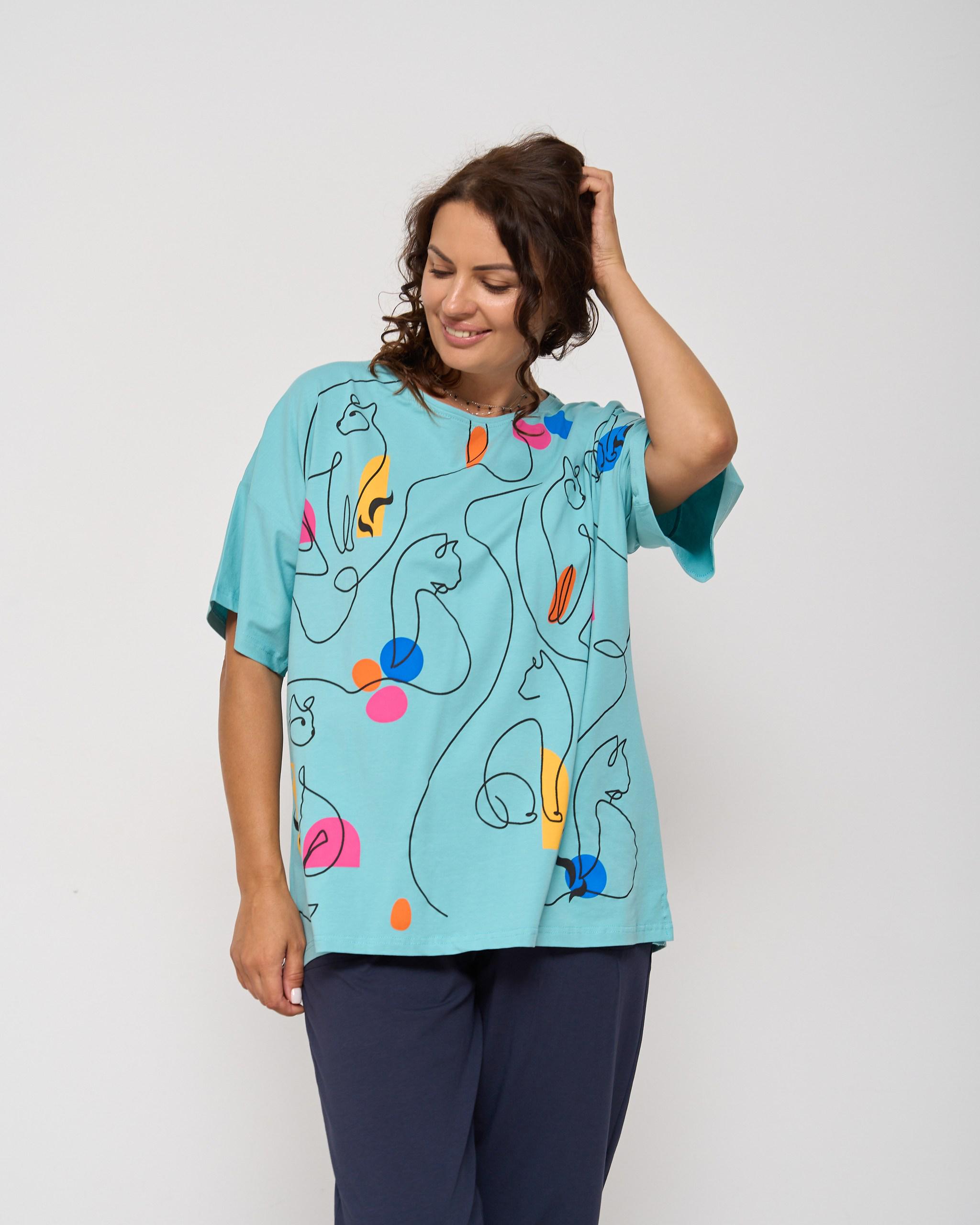 Піжама жіноча з капрі напів батал Котики L Бірюзовий (26020) Піжама жіноча з капрі напів батал Котики L Бірюзовий (26020)