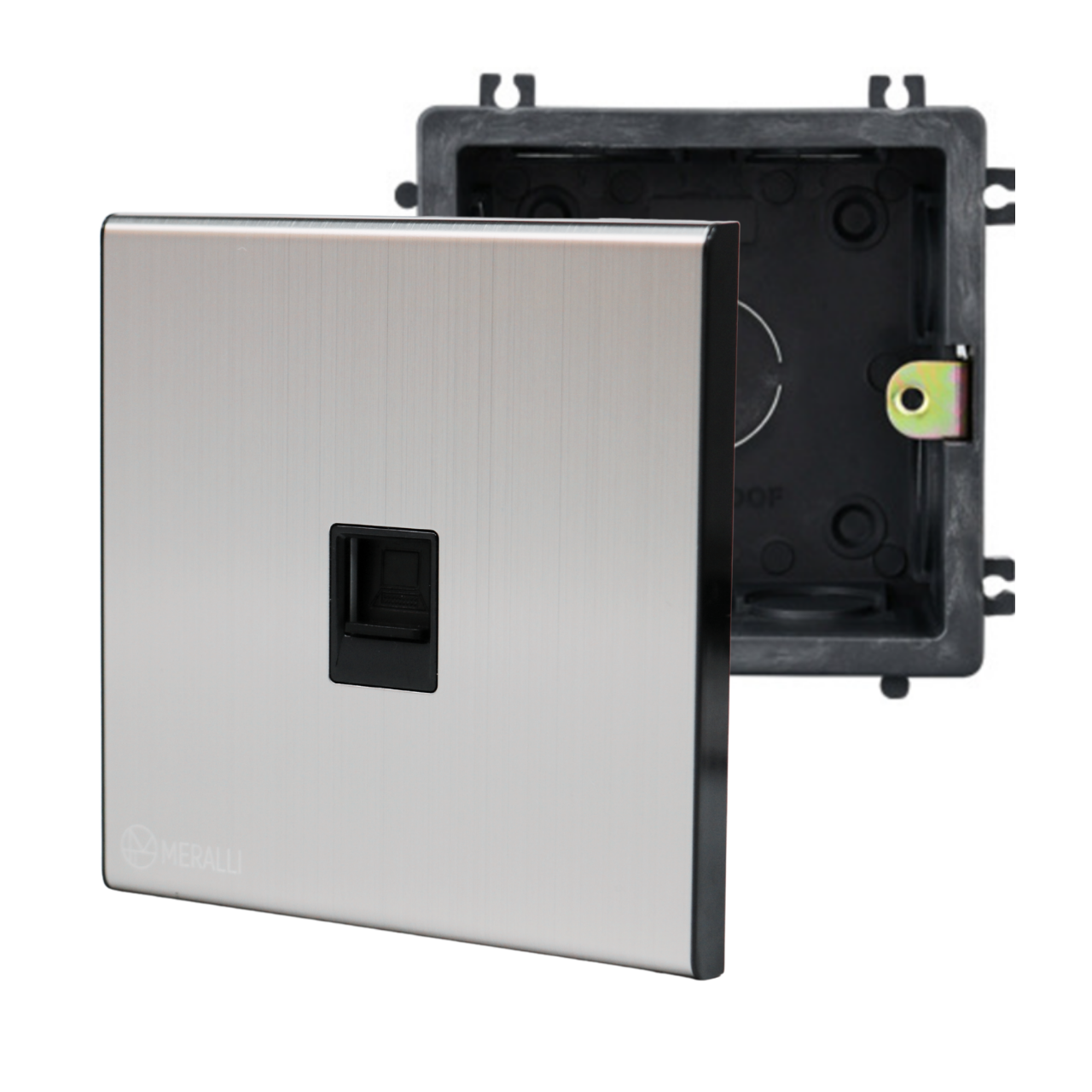 Комплект розетка комп'ютерна MERALLI INOX із нержавіючої сталі безрамкова RJ46/підрозетник квадратний MERALLI модульний вбудований Чорний
