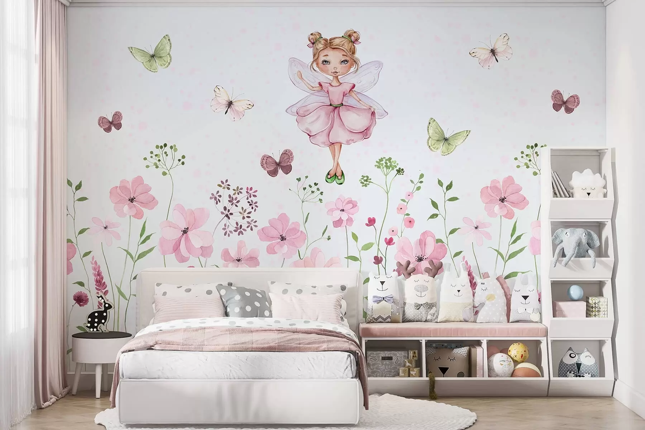 Фотообои флизелиновые Styleo Фея с бабочками среди цветов w01460 400х250 см Разноцветный