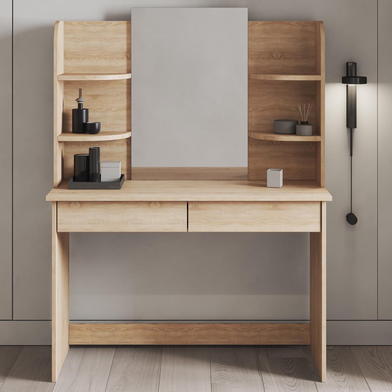 Туалетный стол для макияжа с двумя выдвижными ящиками с зеркалом и полочками из ДСП Дуб сонома (F-114D) - фото 2 Туалетный стол для макияжа с двумя выдвижными ящиками с зеркалом и полочками из ДСП Дуб сонома (F-114D) - фото 2