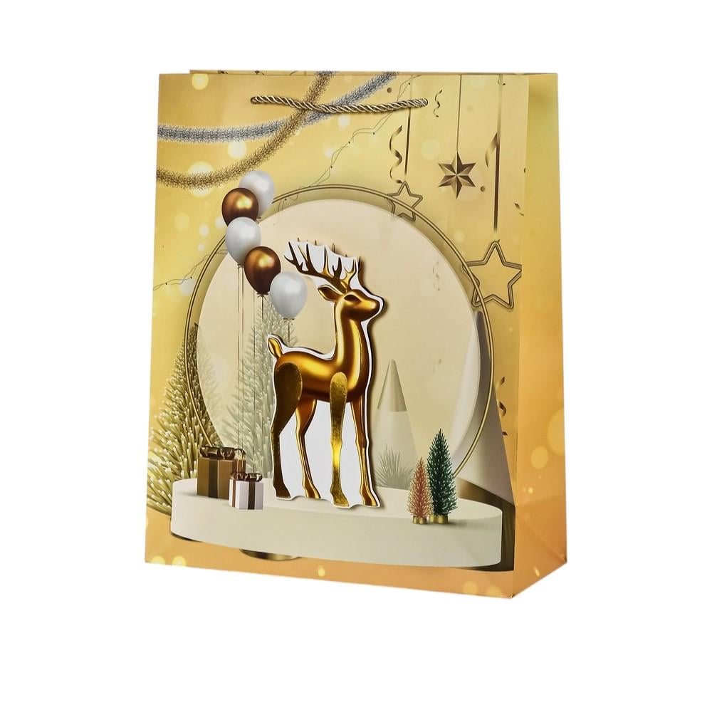 Подарочный пакет Stenson New Year 3D рисунок оленя 18х23х10 см Желтый (R96628-S)