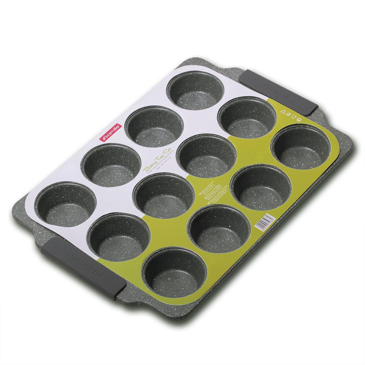 Форма для запікання на 12 відділень із силіконовими ручками Kamille КМ-6039 із вуглецевої сталі 38х26х3 см Сірий мармур (150-84-6039)