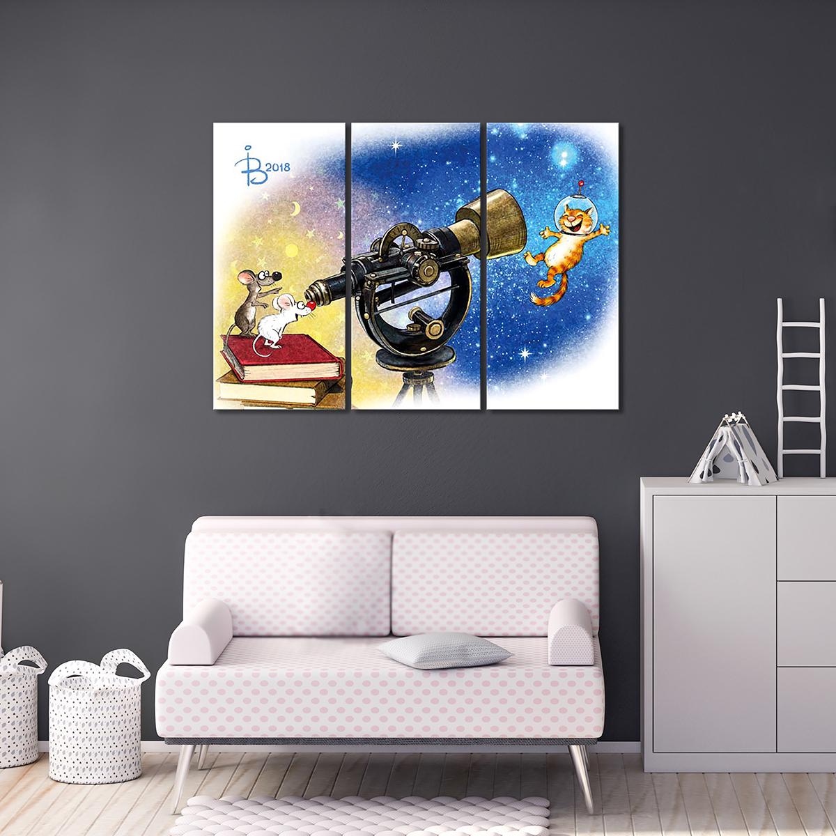 Модульная картина Космокот 3 модуля общий размер 120x180 см