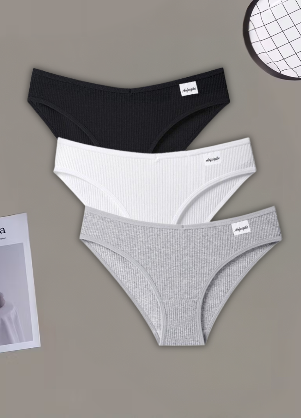 Набор женских трусиков слипы в рубчик однотонные 2XL 3 шт. Черный/Белый/Серый (NB55006/NB55003/NB55001/2XL)